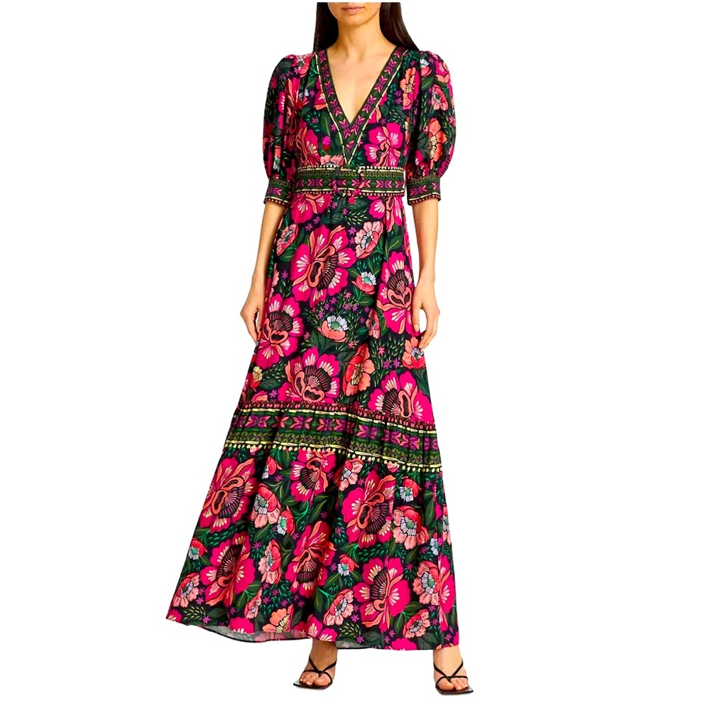 Farm Rio Flowers Garden Maxi Dress w/ Puffed Sleeves